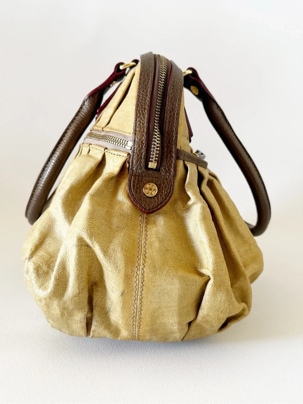 MZ Wallace Bag Bedford Bea Leather Pleated Canvas Satchel Metallic Gold - Picture 8 of 16